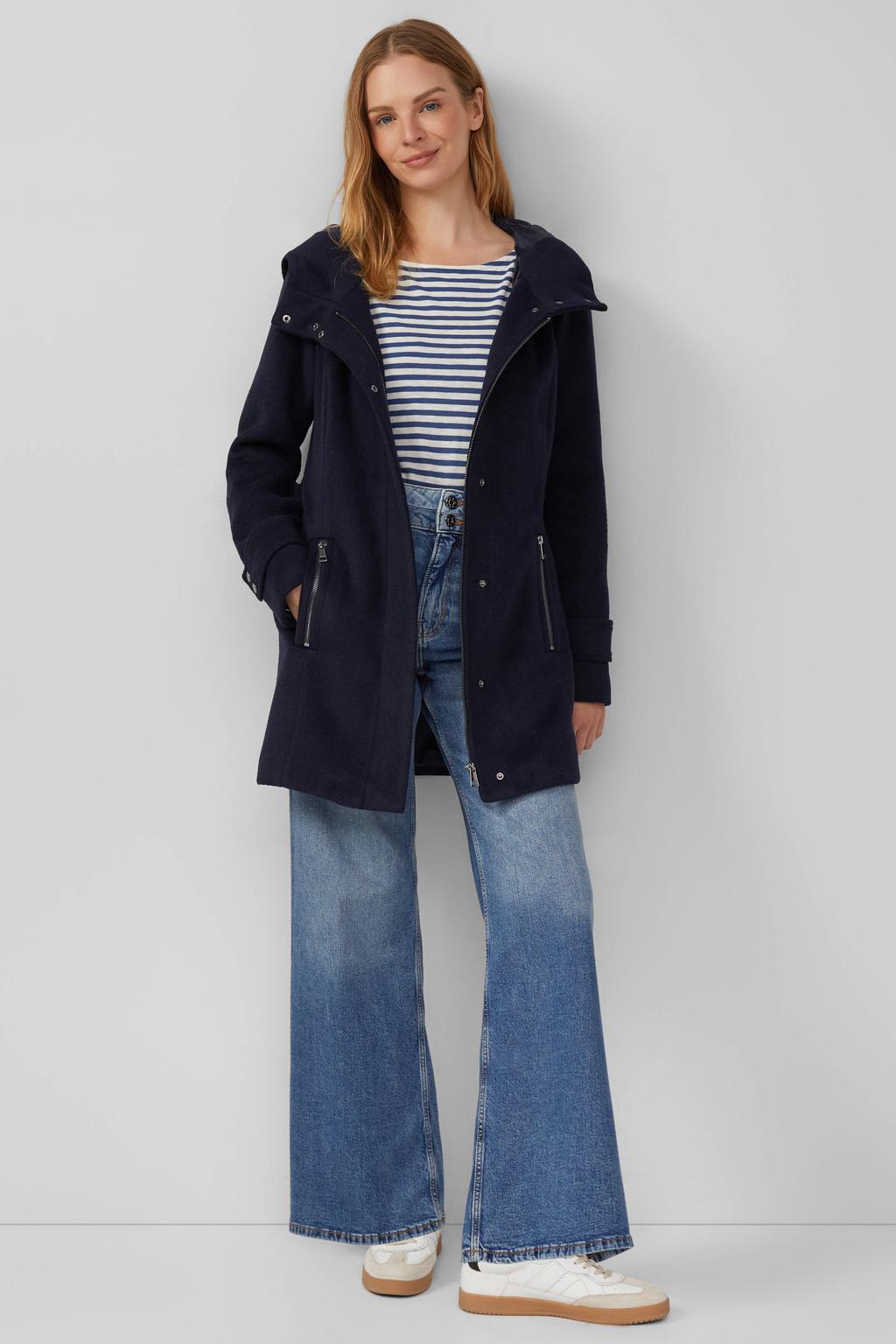 Marineblauw dames s.Oliver winterjas blauw van wol met effen, lange mouwen en capuchon
