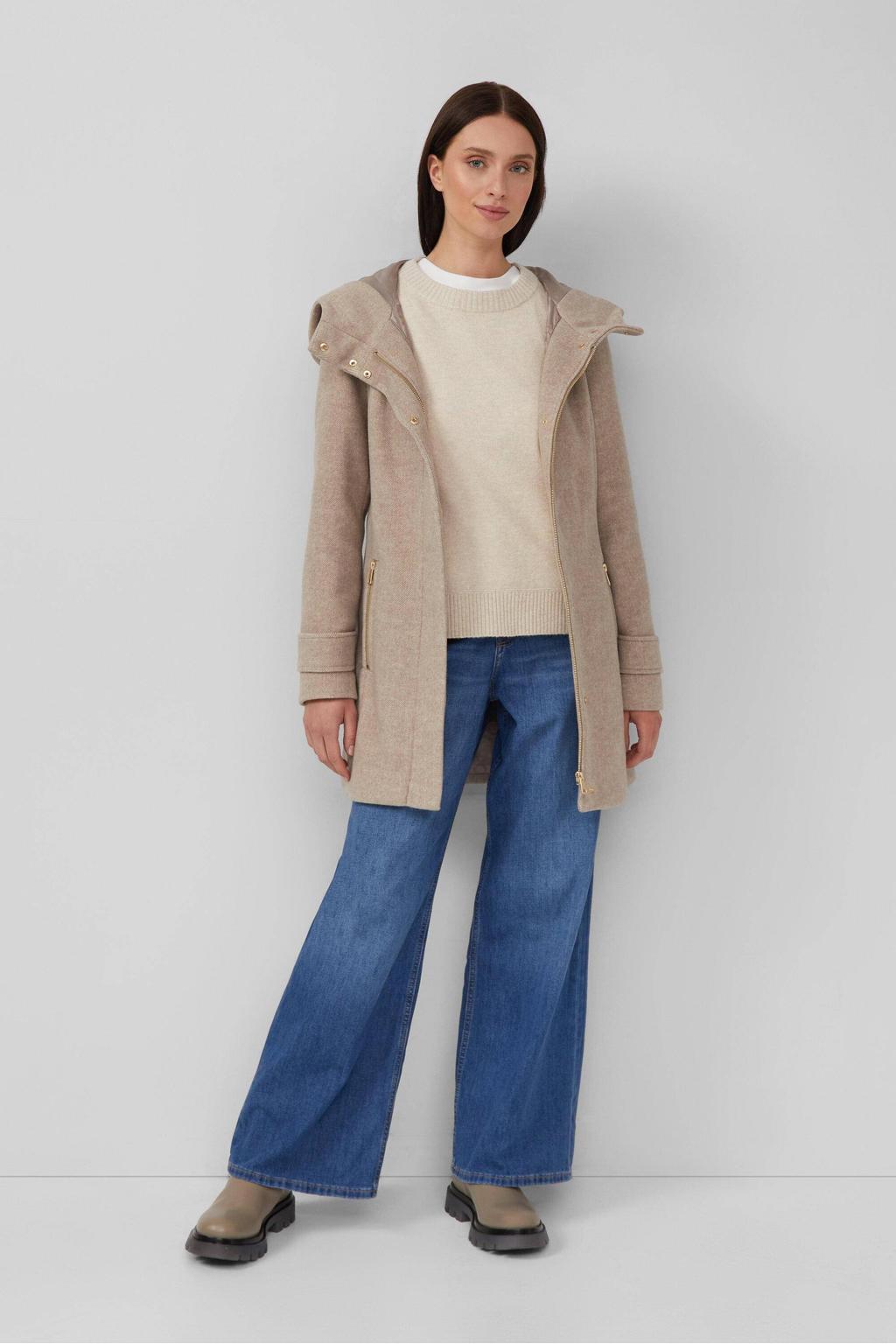 Beige dames s.Oliver winterjas van wol met effen, lange mouwen en capuchon