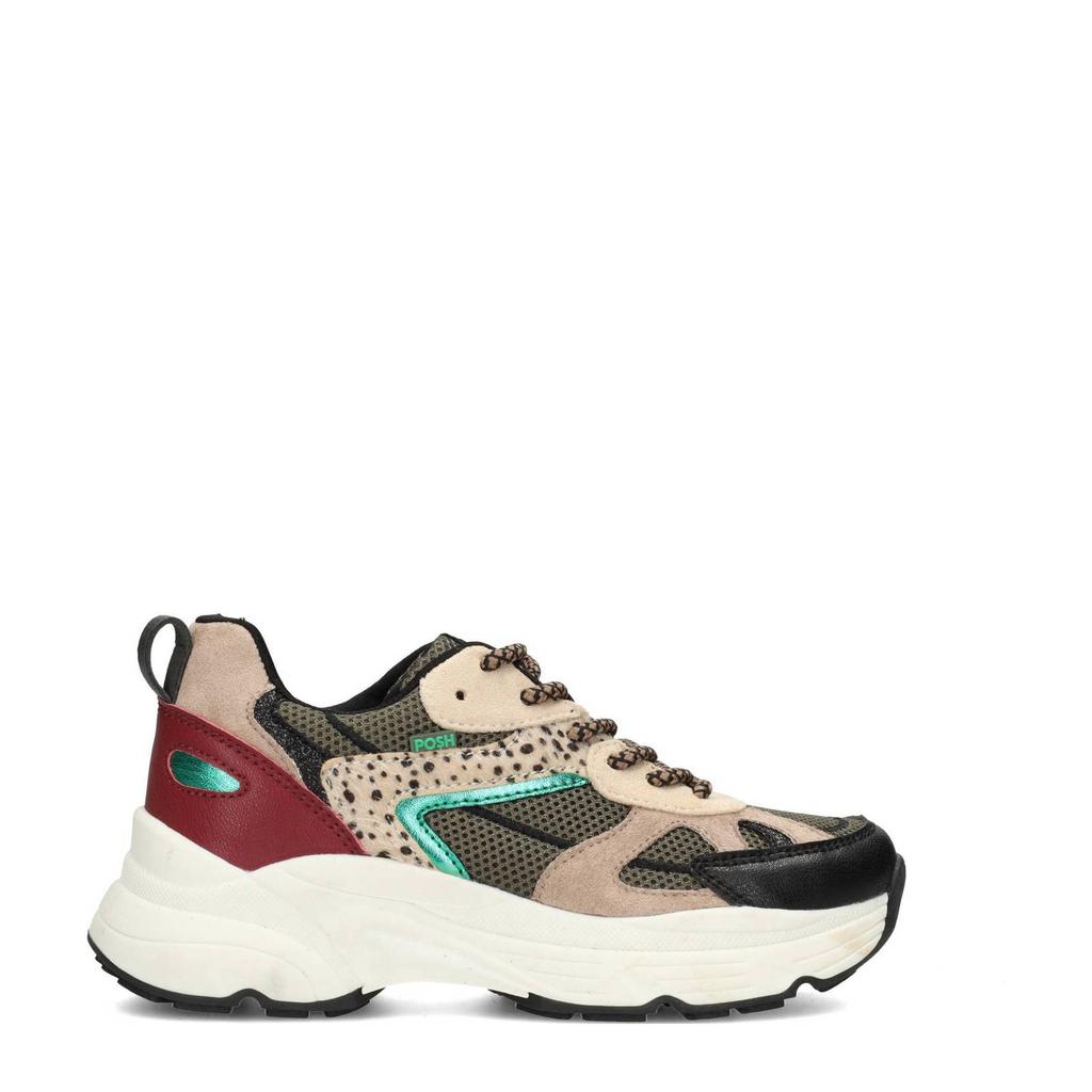 Zwart en beige meisjes POSH by Poelman chunky sneakers van microfiber met veters