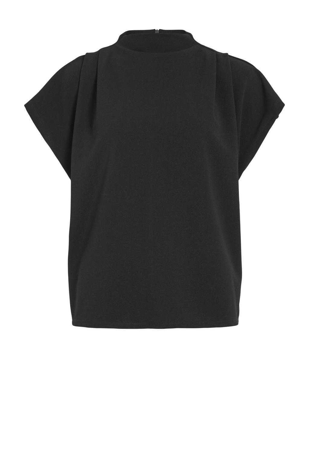 Zwarte dames VILA top van polyester met effen, korte mouwen, blinde ritssluiting en plooien