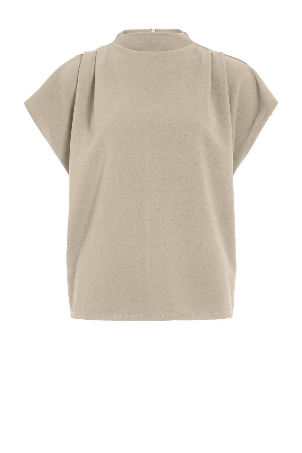 Taupe dames VILA top van polyester met effen, korte mouwen, blinde ritssluiting en plooien