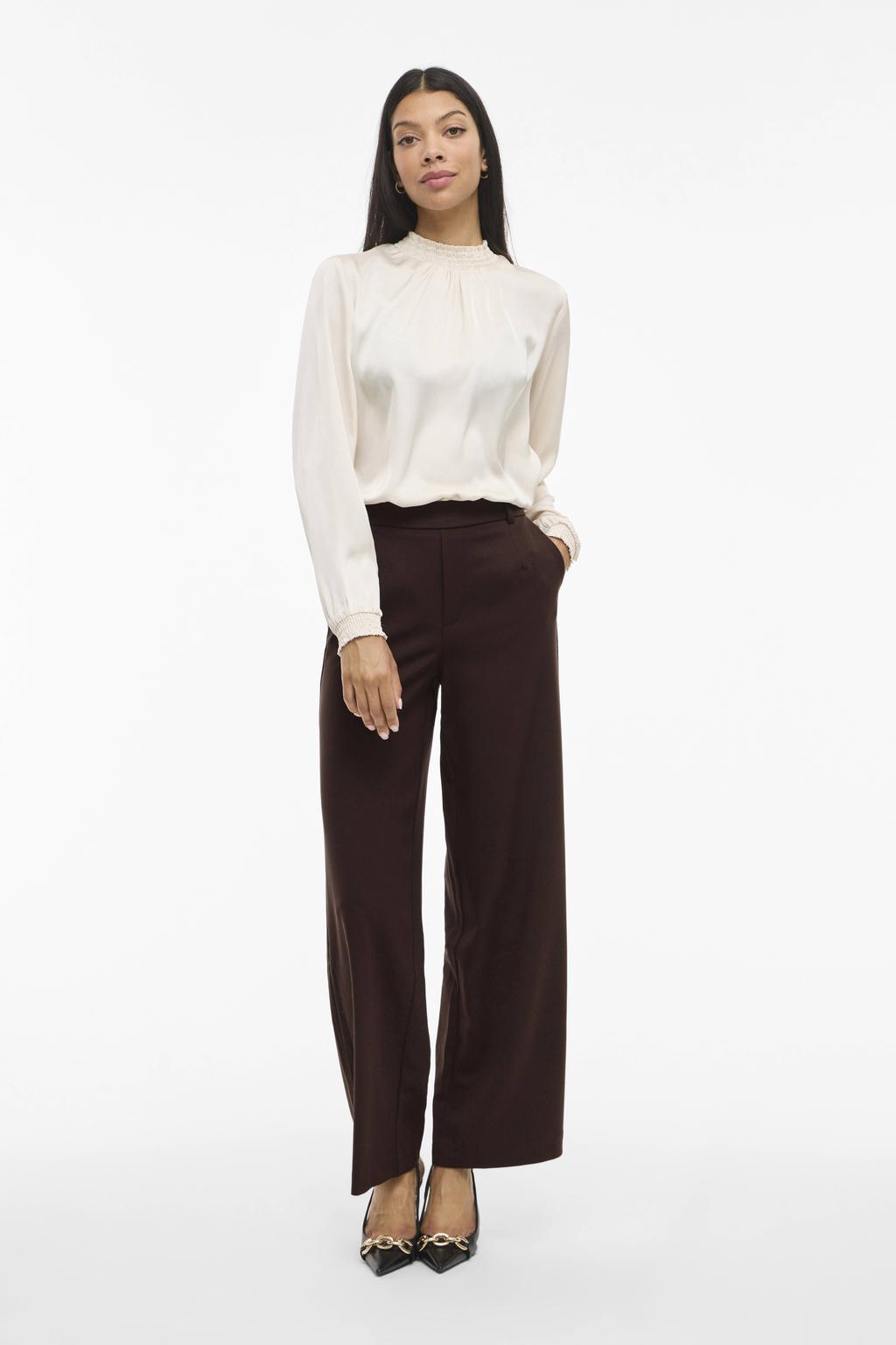 Donkerblauwe dames VILA wide leg high waist casual broek met effen