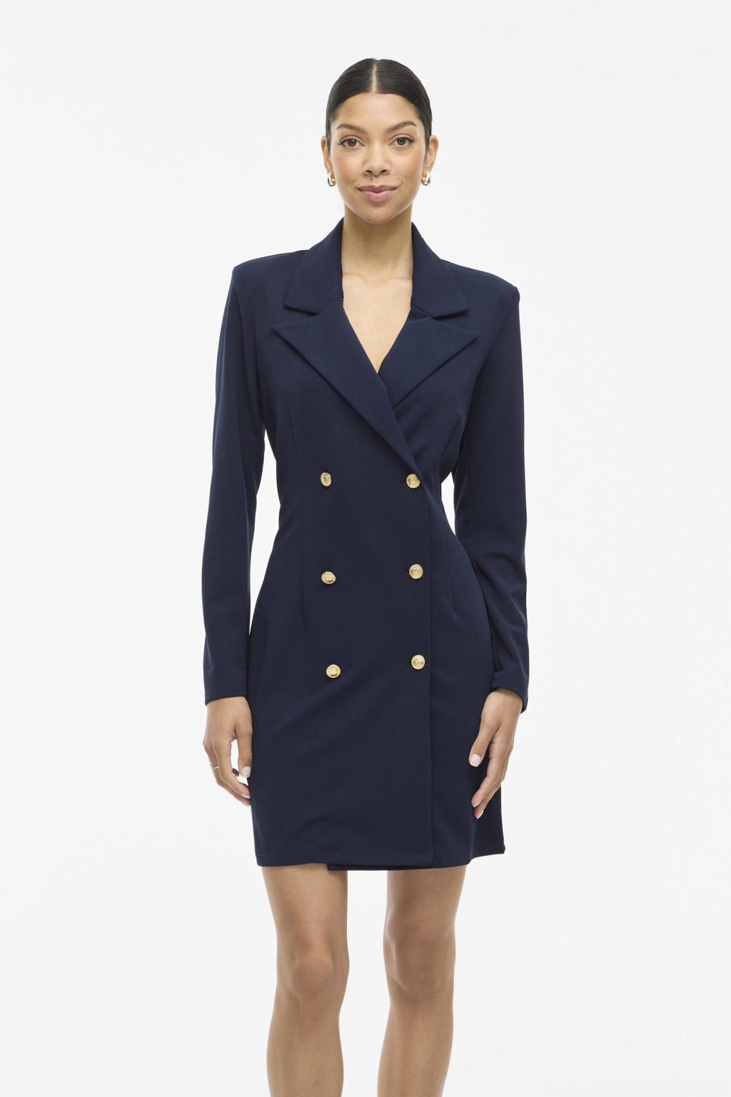 Marineblauw dames VILA blazerjurk blauw van polyester met effen, lange mouwen, reverskraag en knoopsluiting