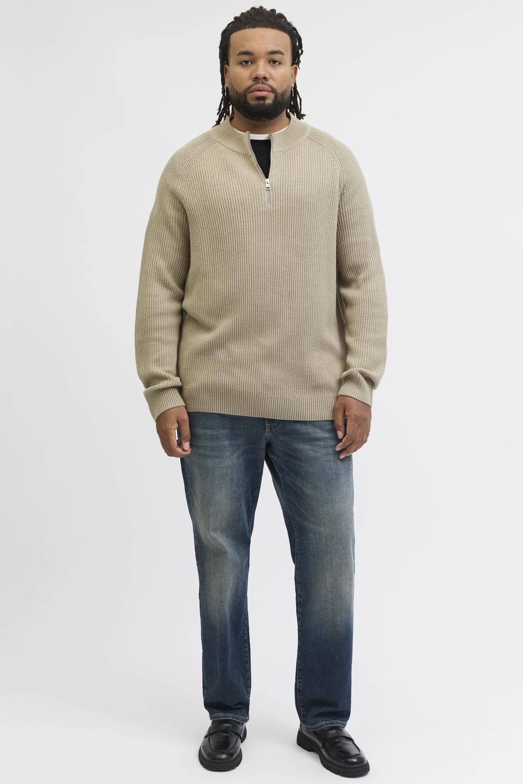 Lichtbruine heren JACK & JONES PLUS SIZE trui rib gebreid Plus Size van acryl met effen, lange mouwen en opstaande kraag
