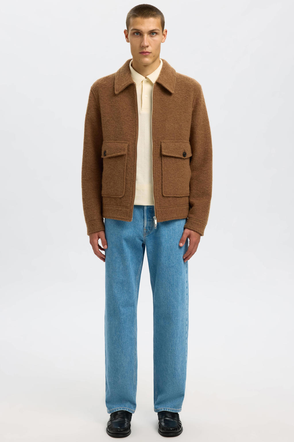 Bruine heren Selected jacket van wol met effen, lange mouwen, klassieke kraag en ritssluiting