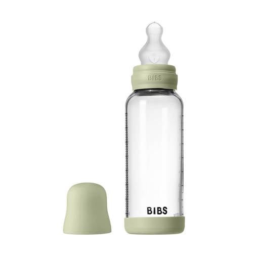 BIBS Glazen Babyfles - 240 ml - Sage - met silicone speen en opvouwbare trechtertje afbeelding