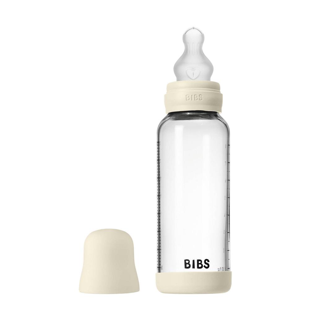BIBS Glazen Babyfles - 240 ml - Ivory - met silicone speen en opvouwbare trechtertje