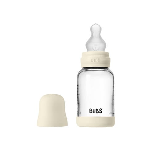 BIBS Glazen Babyfles - 120 ml - Ivory - met silicone speen en opvouwbare trechtertje afbeelding