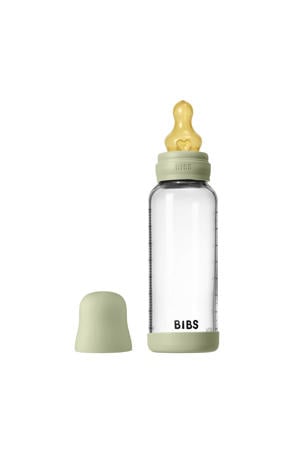 Glazen Babyfles - 240 ml - Sage - met latex speen en opvouwbare trechtertje