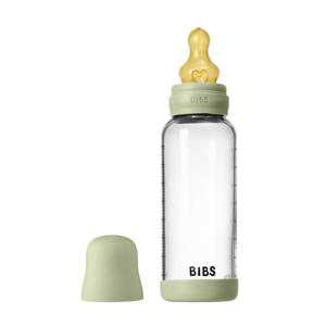 Glazen Babyfles - 240 ml - Sage - met latex speen en opvouwbare trechtertje