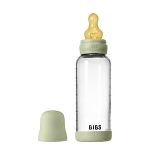 Glazen Babyfles - 240 ml - Sage - met latex speen en opvouwbare trechtertje