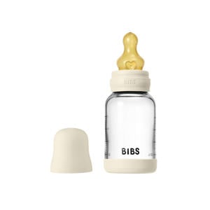 Glazen Babyfles - 120 ml - Ivory - met latex speen en opvouwbare trechtertje