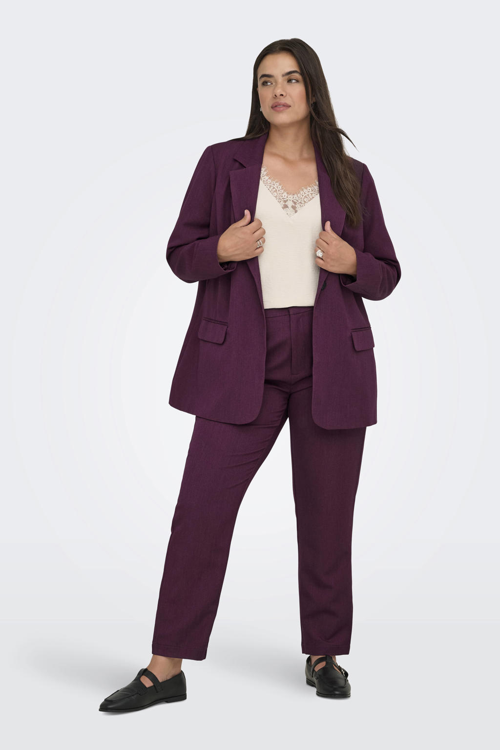Donkerrode dames ONLY CARMAKOMA getailleerde blazer van polyester met effen, lange mouwen, reverskraag, knoopsluiting en ceintuur