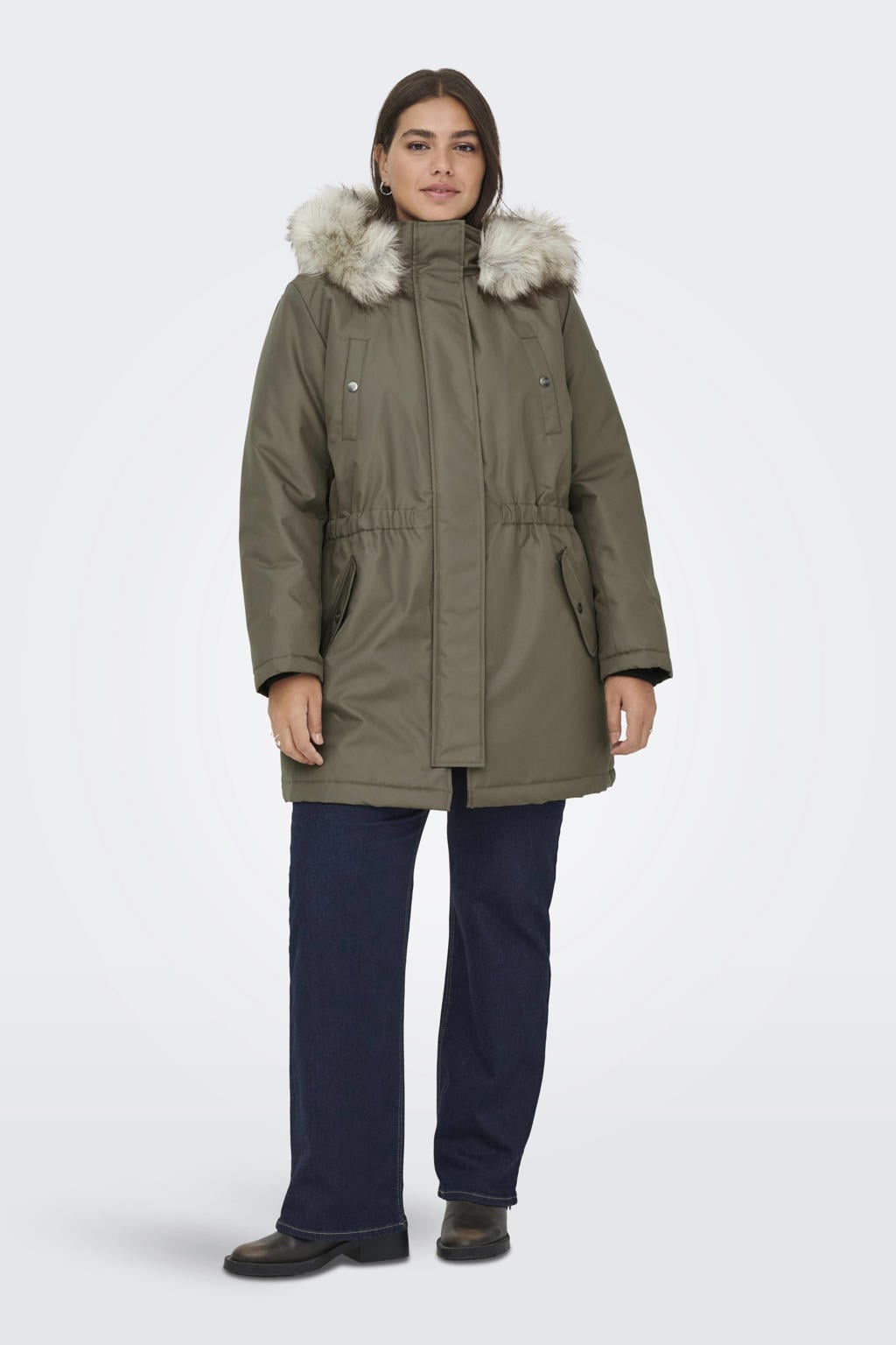 Donkergroene dames ONLY CARMAKOMA winterjas van polyester met effen, lange mouwen, capuchon, ritssluiting en imitatiebontkraag