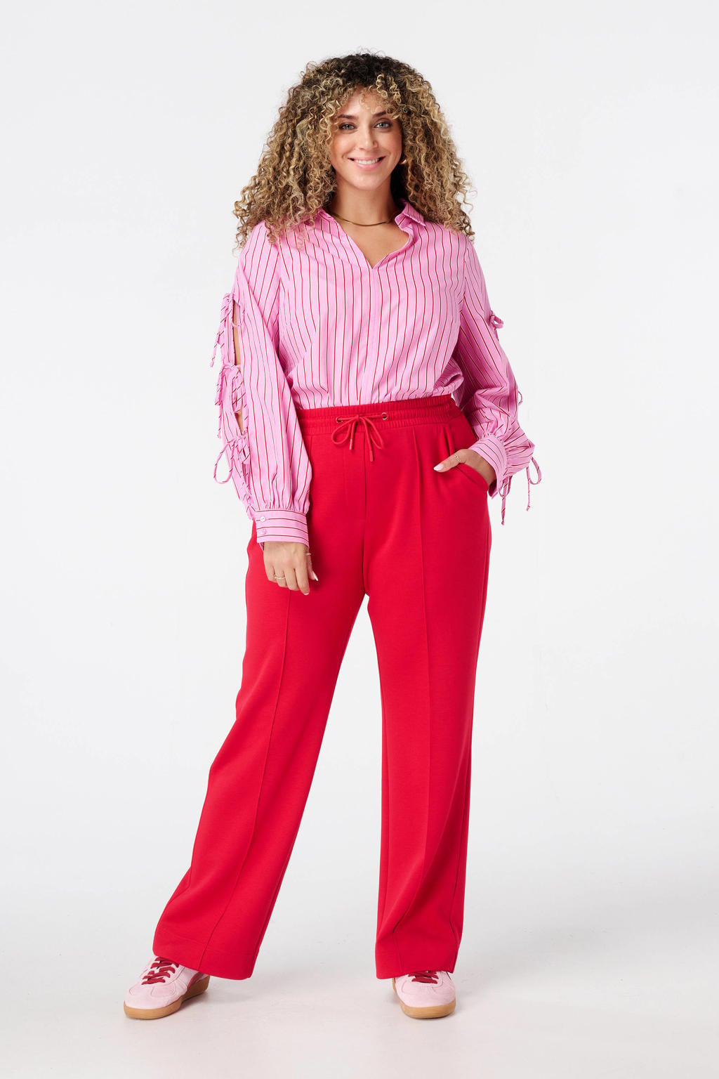 Roze dames MS Mode blouse van katoen met strepenprint, lange mouwen, klassieke kraag, knoopsluiting en strikje
