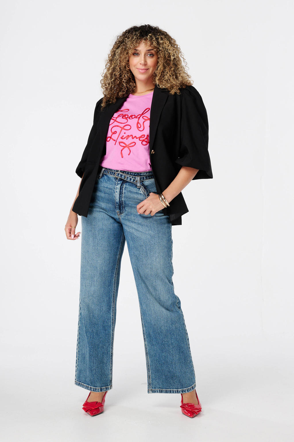 Medium blue denim dames MS Mode wide leg jeans van denim met rits- en knoopsluiting en effen