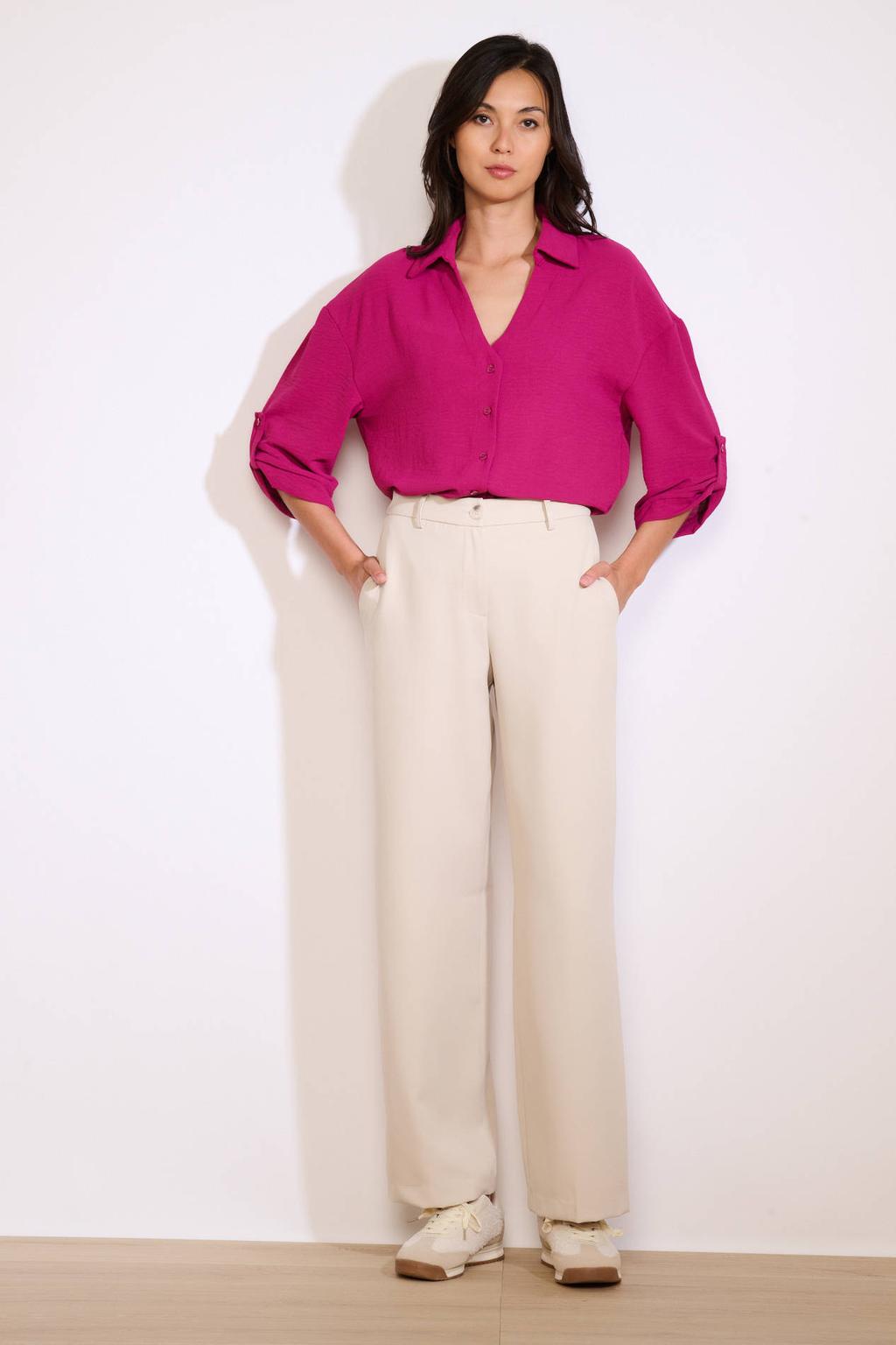 Ecru dames LOLALIZA wide leg high waist pantalon met rits- en knoopsluiting en effen