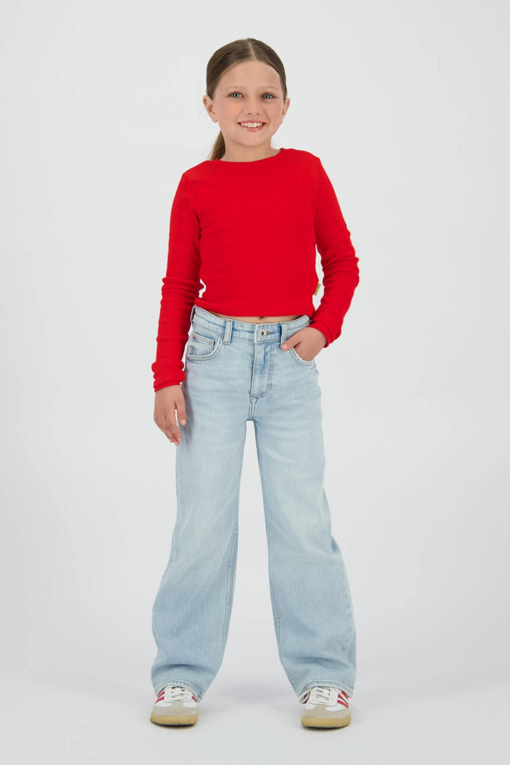 Light blue denim meisjes Vingino high waist wide leg jeans van denim met rits- en knoopsluiting en effen