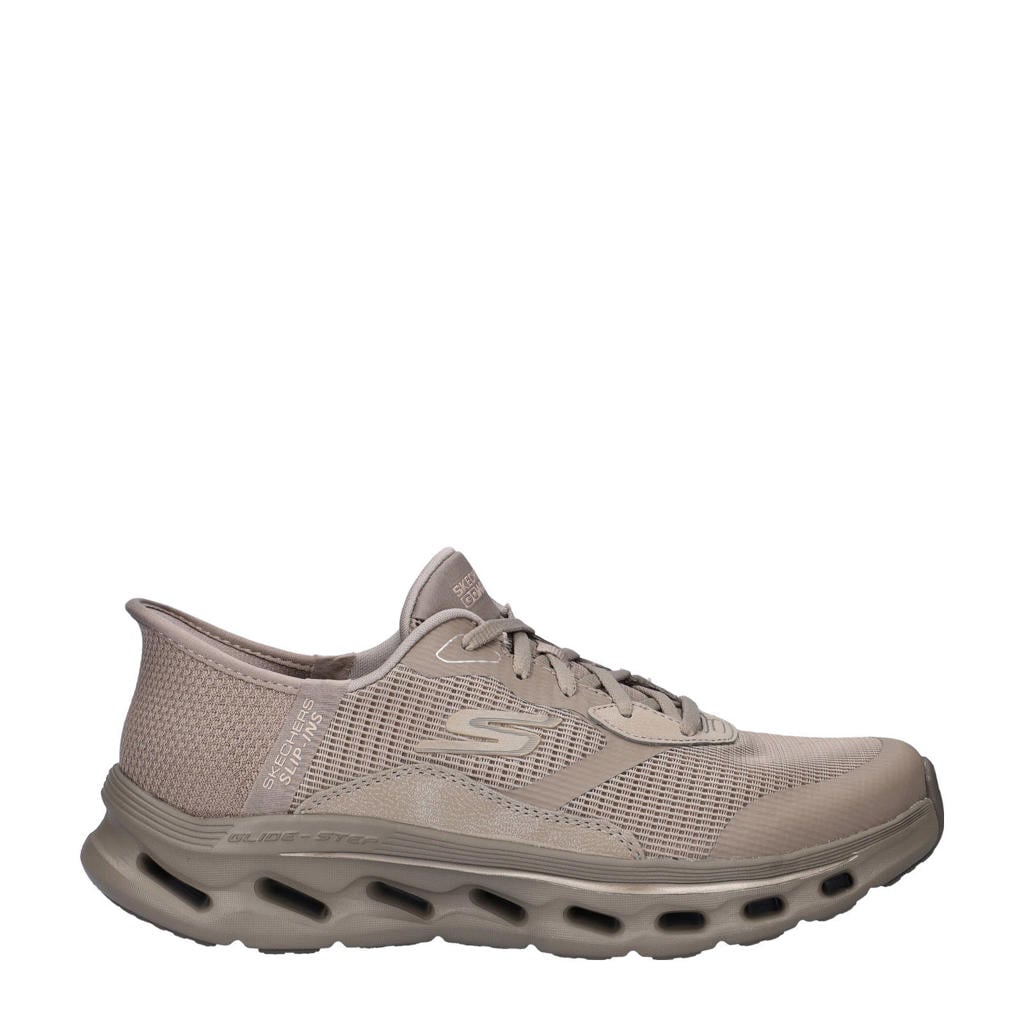 Taupe dames Skechers Hands Free Slip-Ins Go Walk Glid-Step 2.0 sneakers van textiel met elastische veters