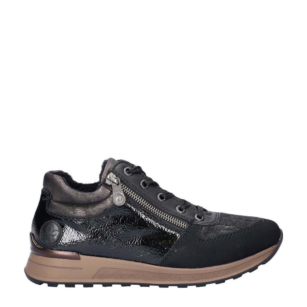 Zwarte dames Rieker gevoerde lak sneakers met rits- en vetersluiting