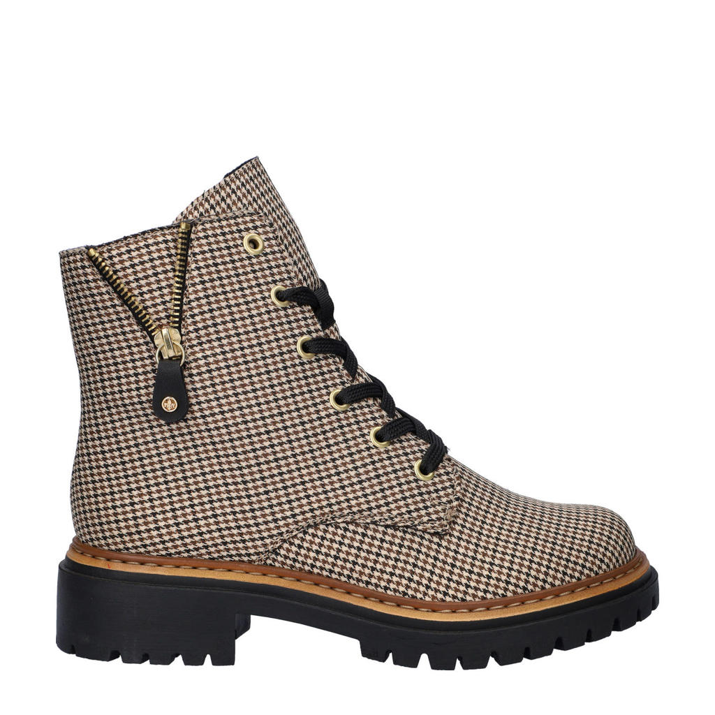 Beige en multikleurige dames Rieker gevoerde veterboots met rits- en vetersluiting