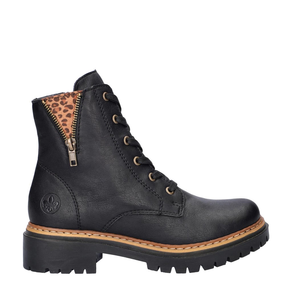 Zwarte dames Rieker gevoerde veterboots met rits- en vetersluiting