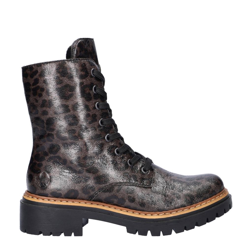Bruine dames Rieker gevoerde veterboots met rits- en vetersluiting en panterprint
