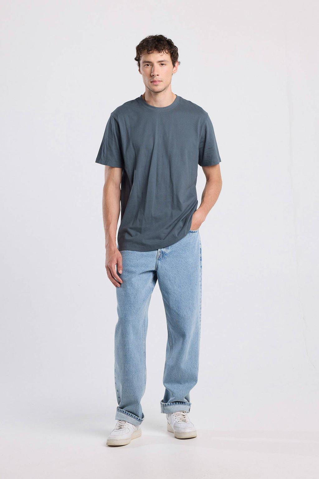 Grijze heren America Today regular T-shirt van katoen met effen, korte mouwen en ronde hals