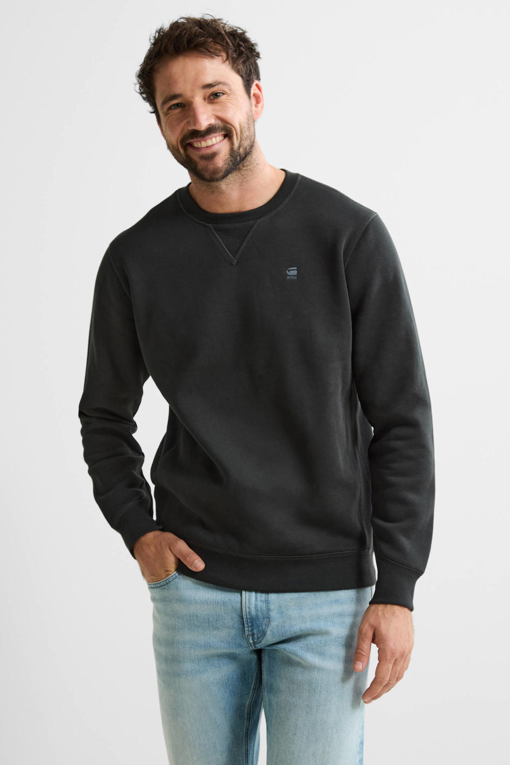 Donkerblauwe heren G-STAR sweater met logo dessin, lange mouwen, ronde hals en geribde boorden
