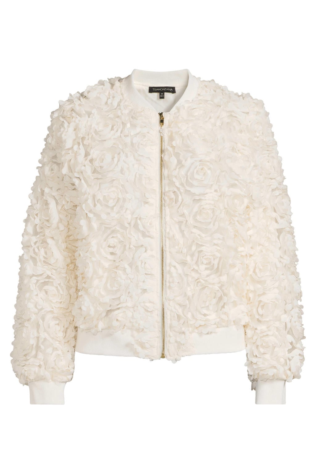 Champagne dames Tramontana jasje van polyester met bloemenprint, lange mouwen, ronde hals, ritssluiting en 3D applicatie