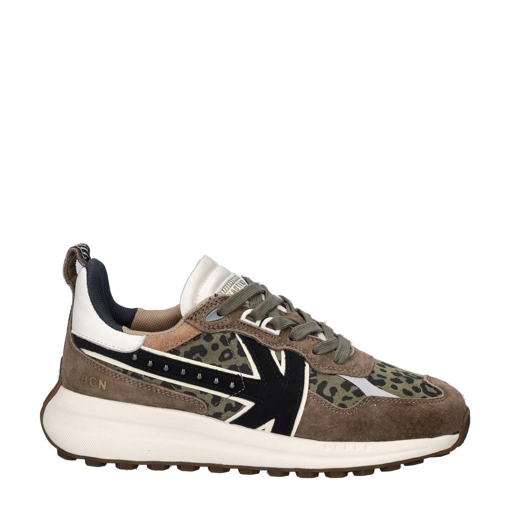 Kakikleurige dames Kaotiko Detroit Glam suède sneakers panter met veters