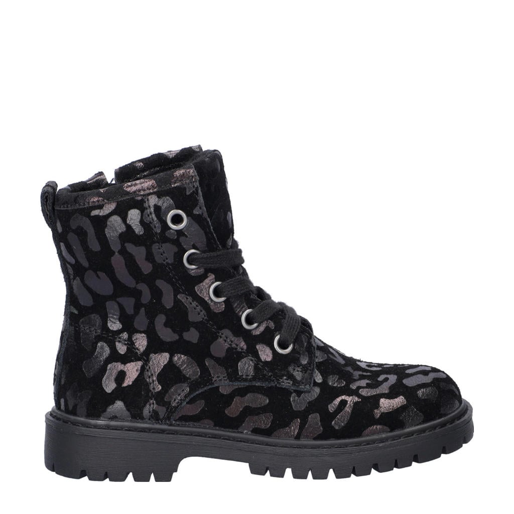 Zwarte meisjes Nelson Kids suède veterboots met rits- en vetersluiting en panterprint