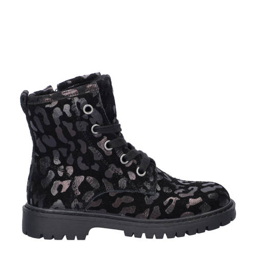 Nelson Kids suède veterboots met panterprint zwart afbeelding