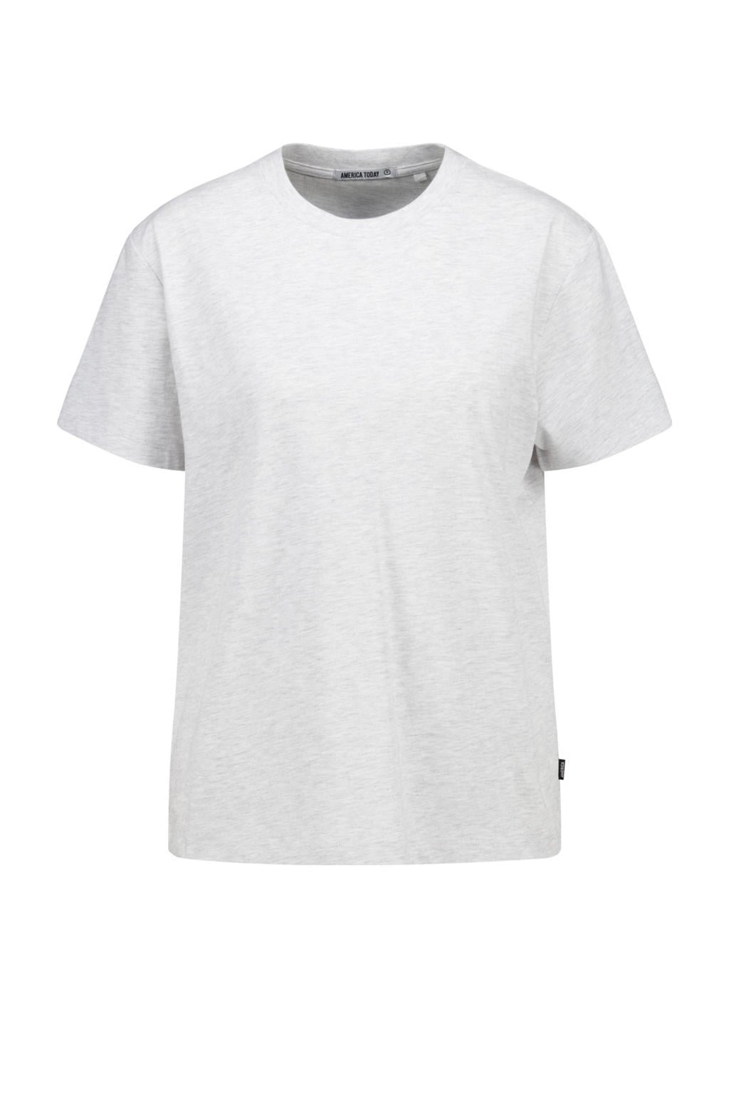 Lichtgrijze dames America Today T-shirt van katoen met effen, korte mouwen en ronde hals