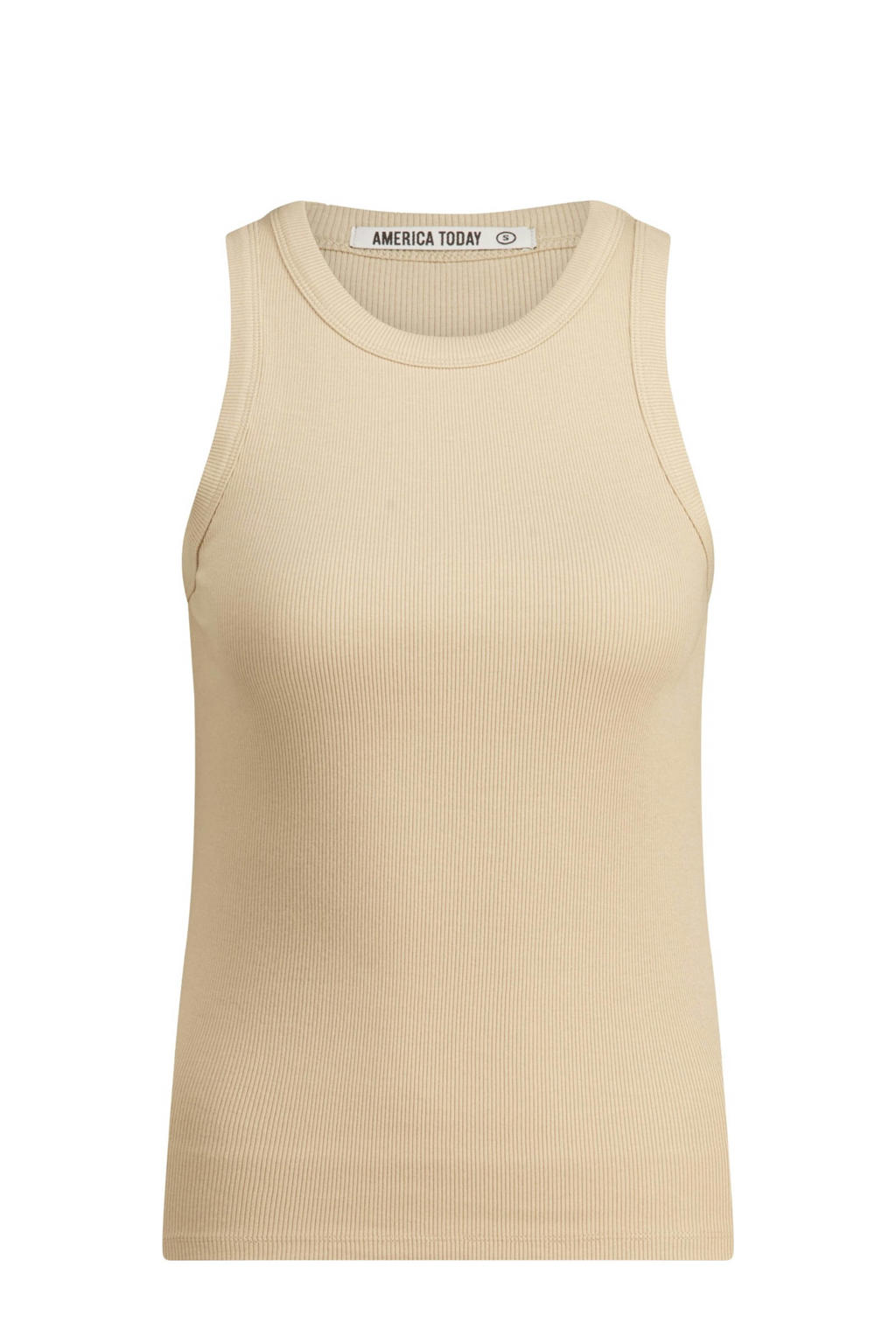 Zandkleurige dames America Today singlet rib gebreid van katoen met effen en ronde hals