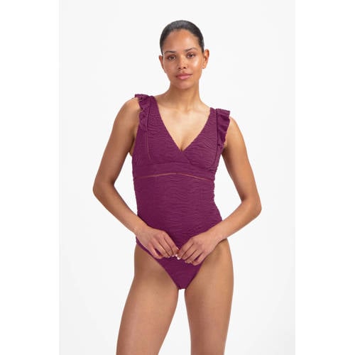 Beachlife badpak met textuur en ruches donkerpaars afbeelding