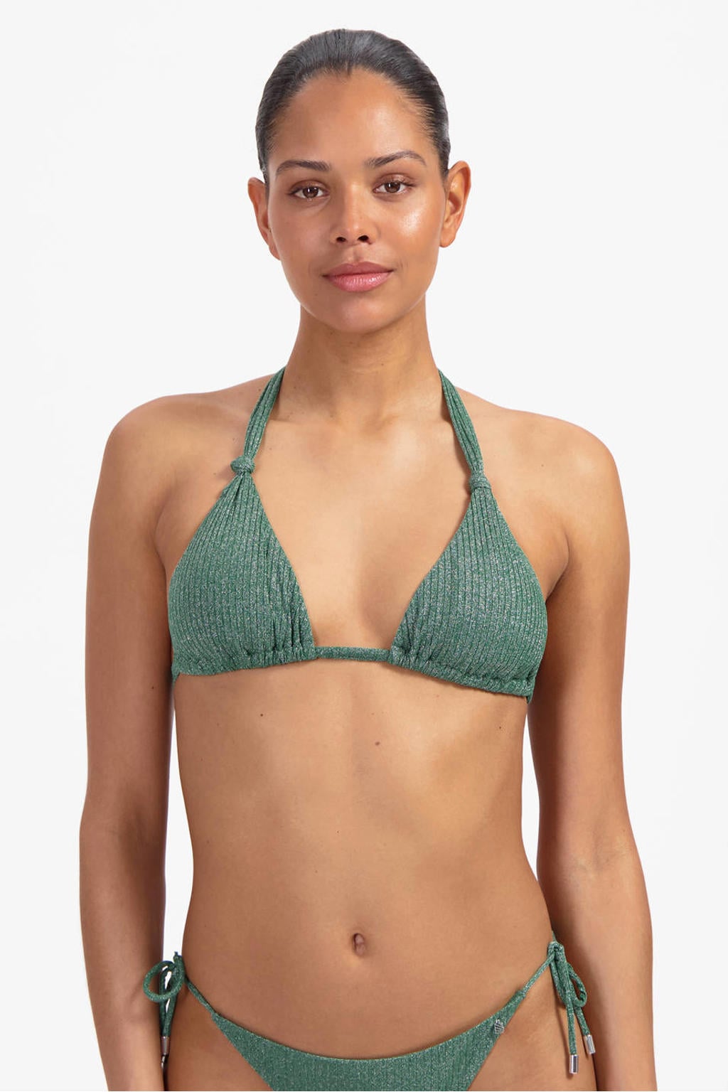 Beachlife voorgevormde triangel bikinitop met lurex en textuur groen