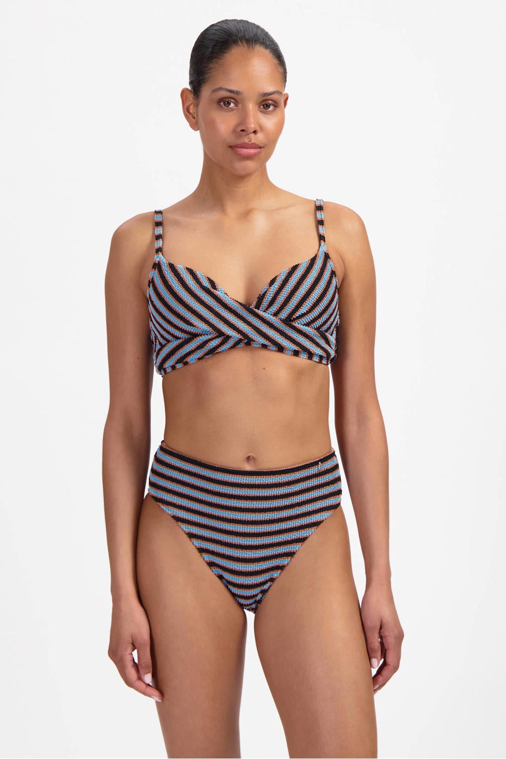 Beachlife high waist bikinibroekje met textuur blauw/bruin