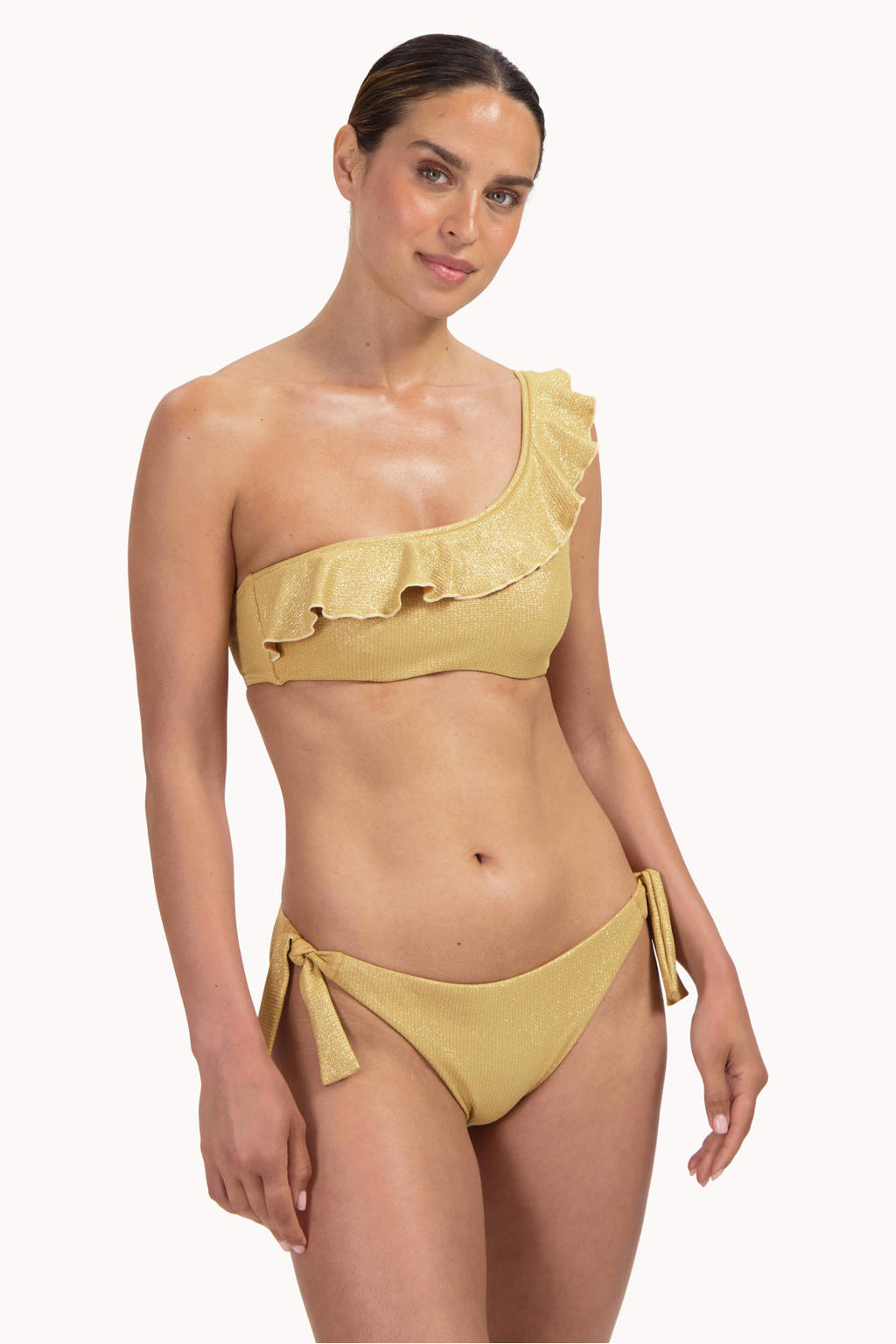 Cyell niet-voorgevormde one shoulder bikinitop Golden Hour met ruches en lurex goud