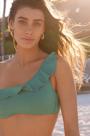 niet-voorgevormde one shoulder bikinitop Green Oasis met ruches groen