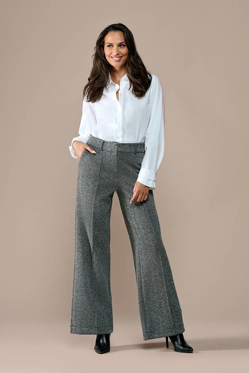 Grijze dames Mart Visser wide leg regular waist broek van katoen met rits- en haaksluiting en effen
