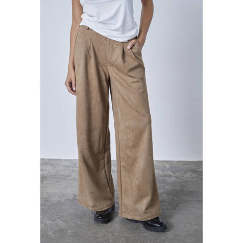 SisterS Point suede suede wide leg regular waist casual broek lichtbruin afbeelding