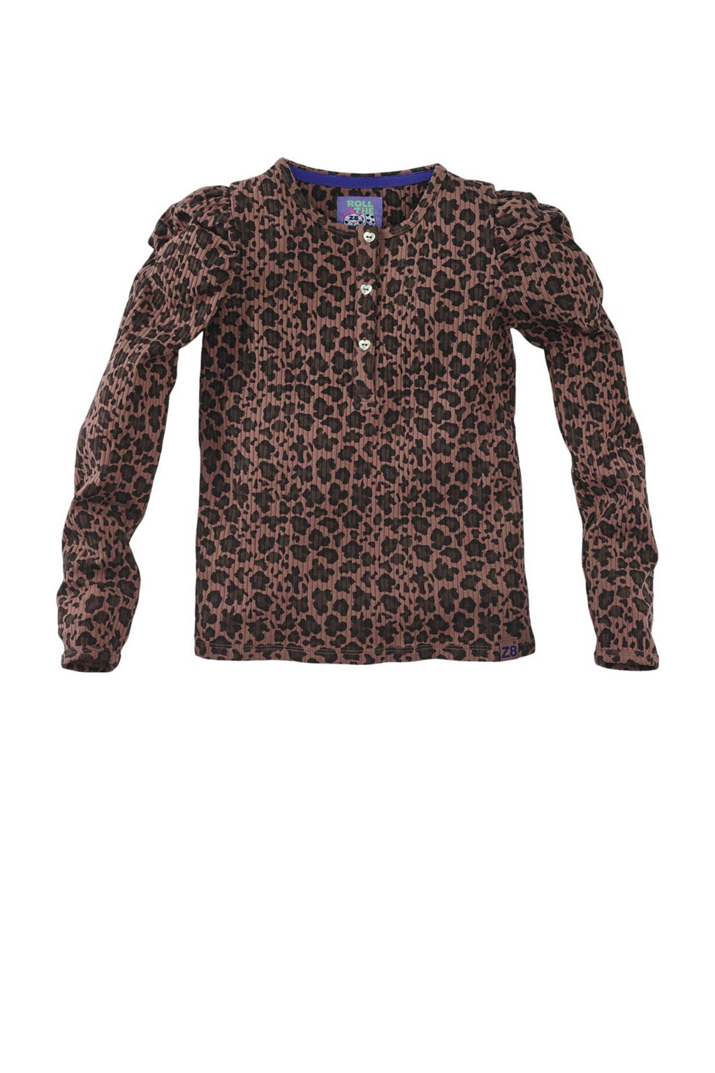 Bruine meisjes Z8 kids longsleeve Louisa van stretchkatoen met dierenprint, lange mouwen en ronde hals