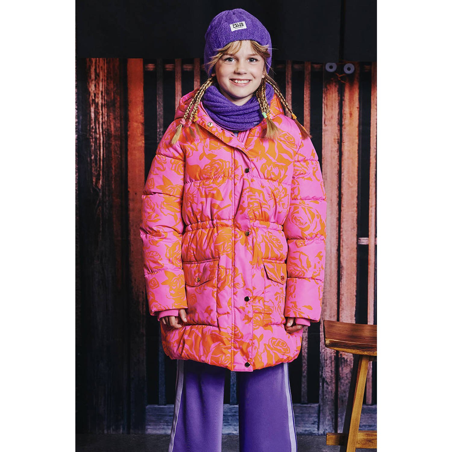 Z8 kids gewatteerde winterjas Rosalia roze oranje
