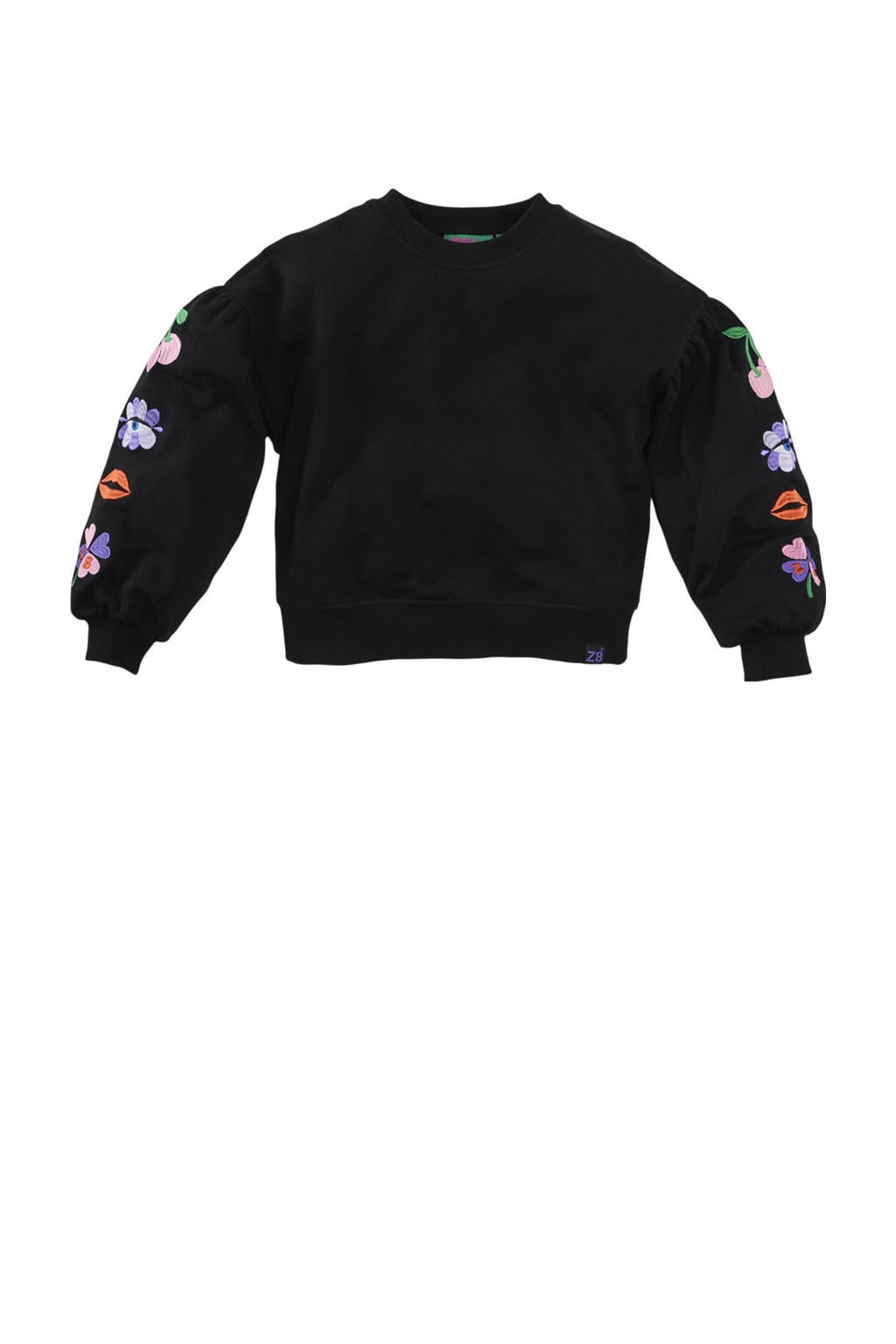 Donkerblauwe meisjes Z8 kids sweater Zahara van stretchkatoen met printopdruk, lange mouwen, ronde hals en borduursels