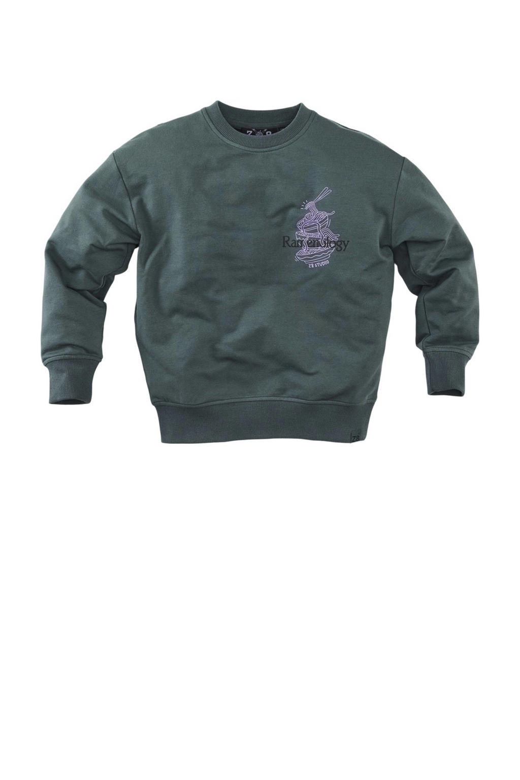 Grijsgroene jongens Z8 kids sweater Bowie groen met backprint en lange mouwen