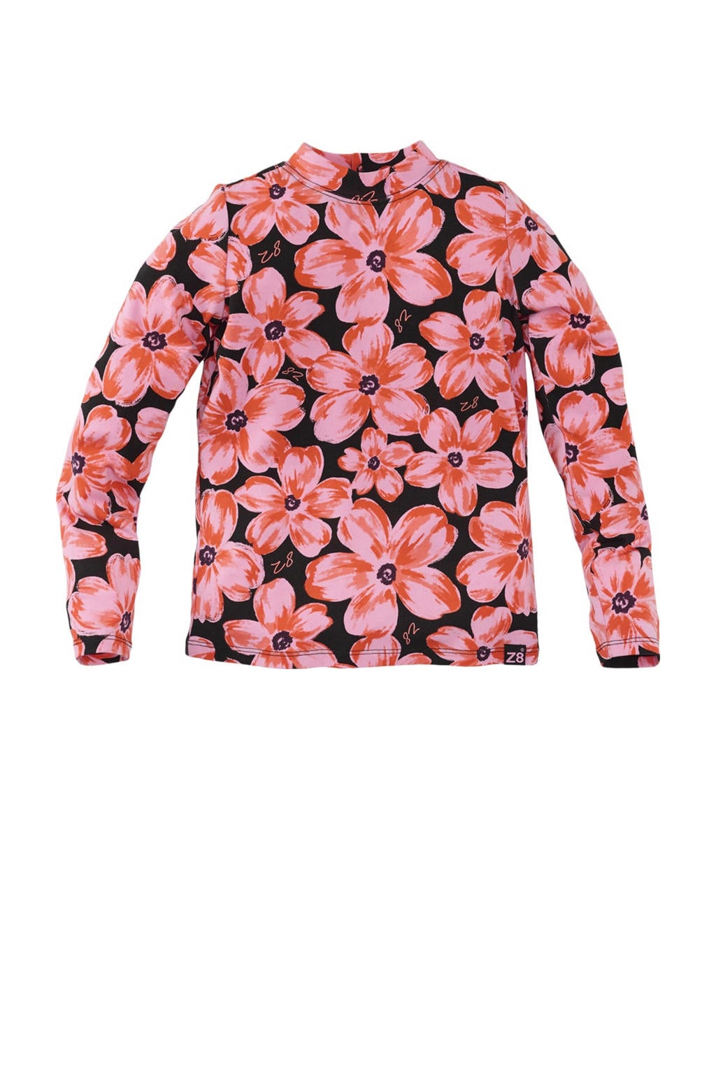 Roze meisjes Z8 kids longsleeve Marell van stretchkatoen met bloemenprint, lange mouwen en opstaande kraag
