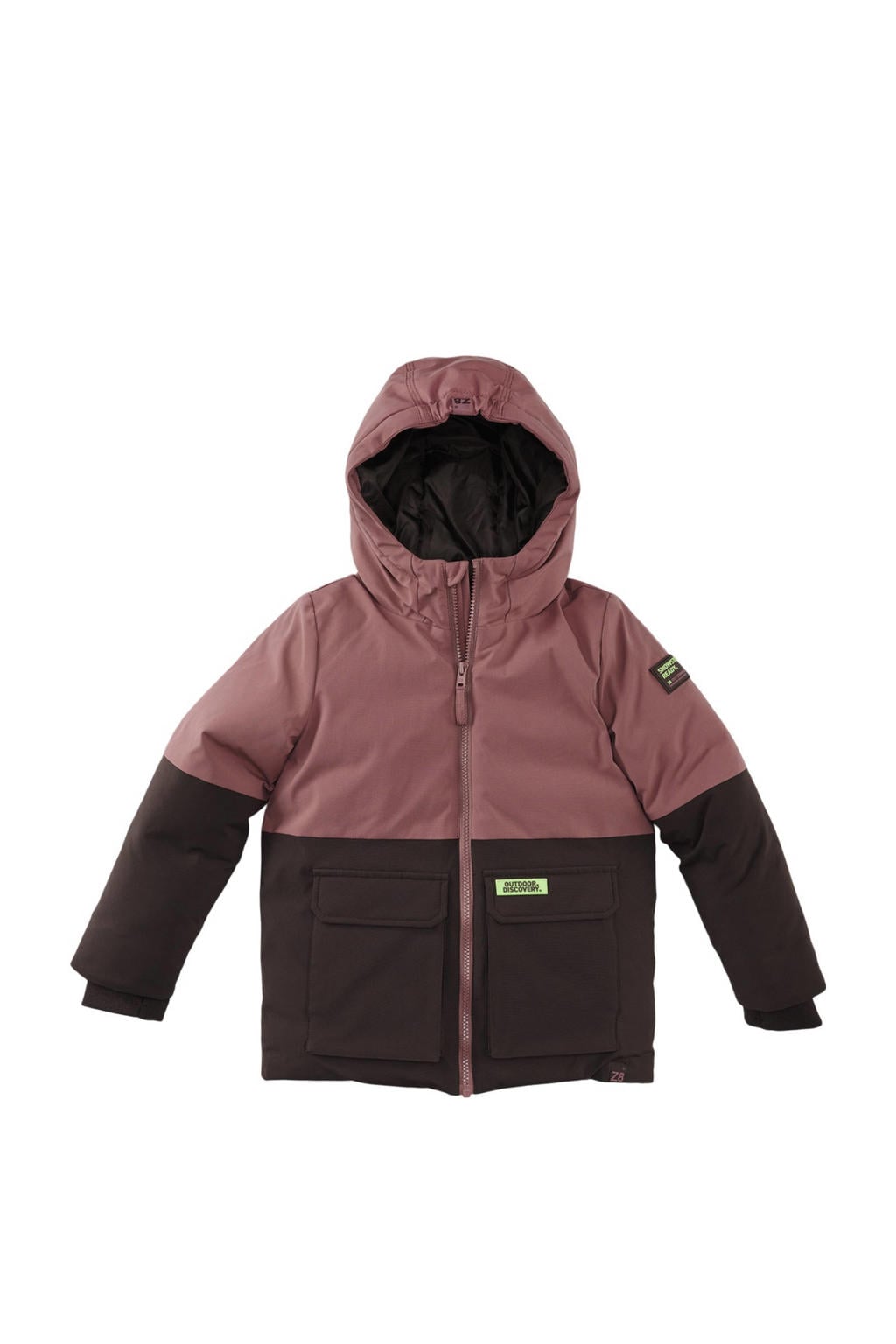 Oudroze jongens Z8 kids gewatteerde winterjas Clemens van polyester met meerkleurige print, lange mouwen, capuchon en ritssluiting