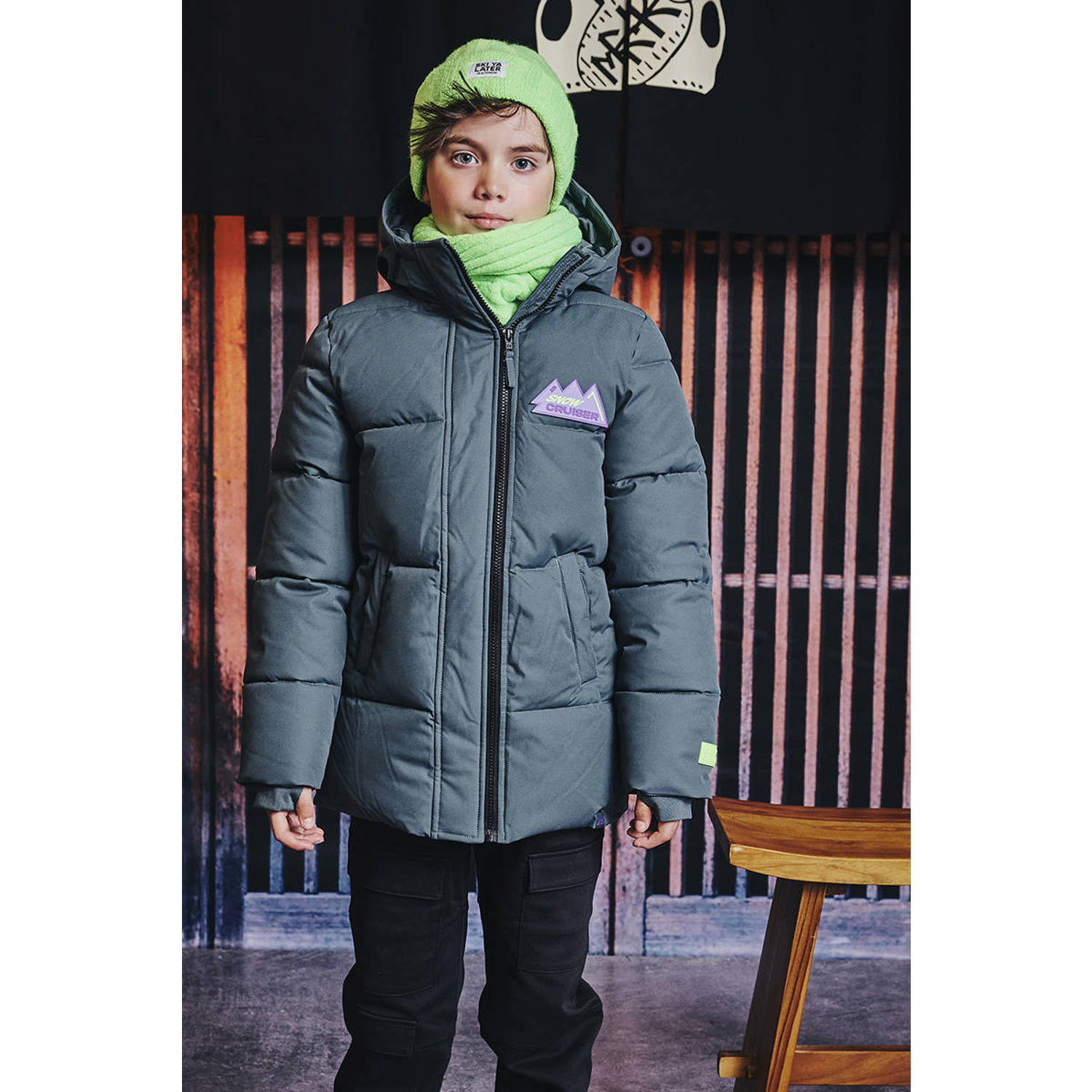 Z8 kids gewatteerde winterjas Stef grijsgroen