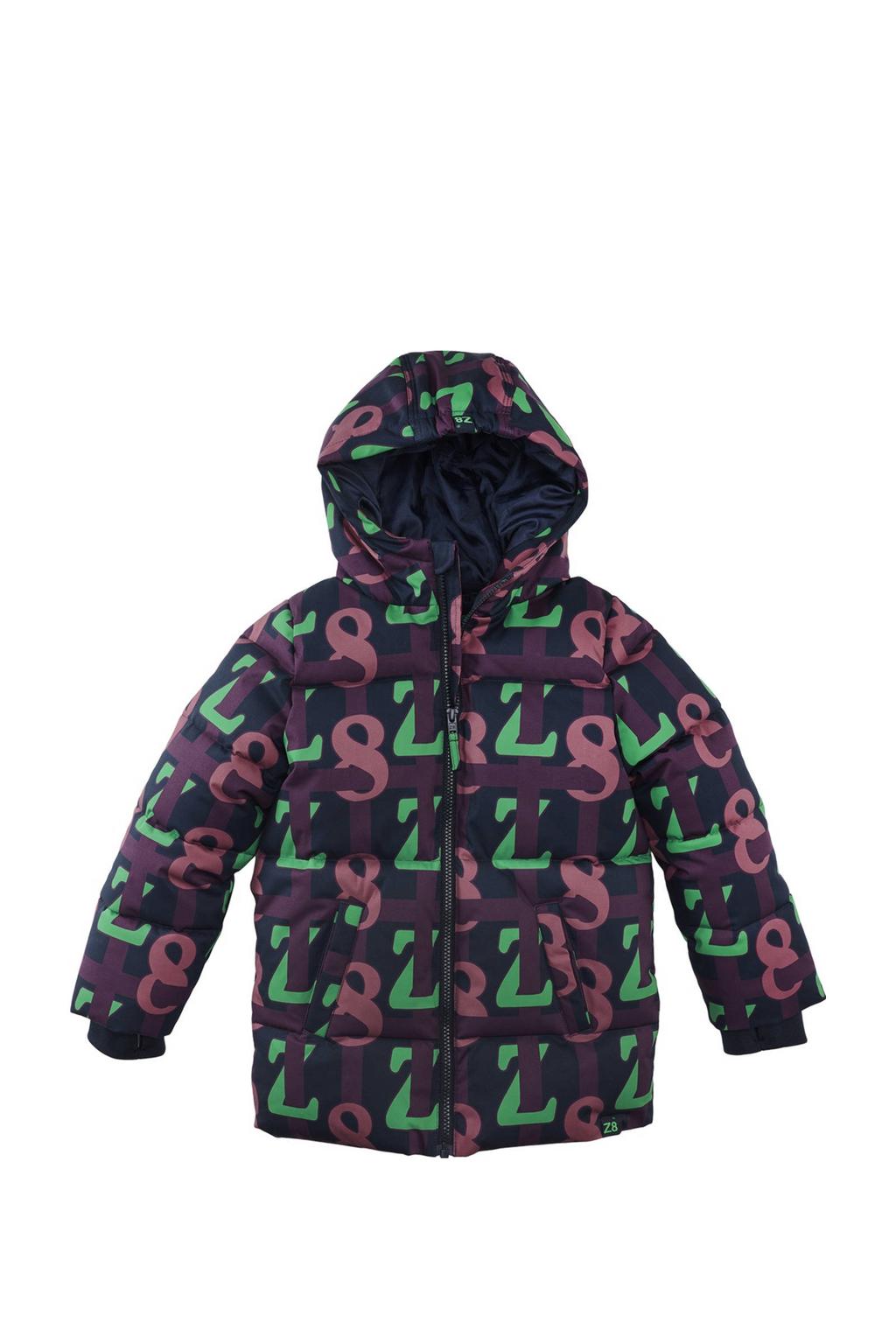 Donkerblauw en groene jongens Z8 kids gewatteerde winterjas Franklin van polyester met lange mouwen, capuchon en ritssluiting